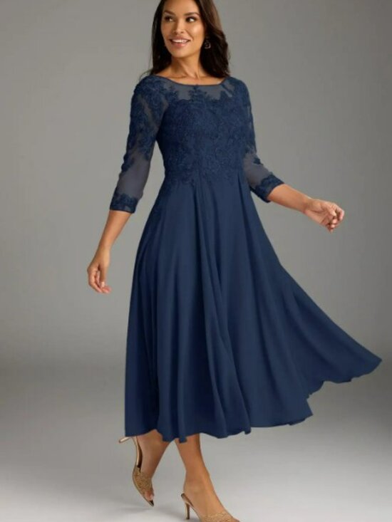 Azazie Dresses & Skirts - Azazie Marge  Dark Navy A-Line Scoop Lace Chiffon Dress | Size 8